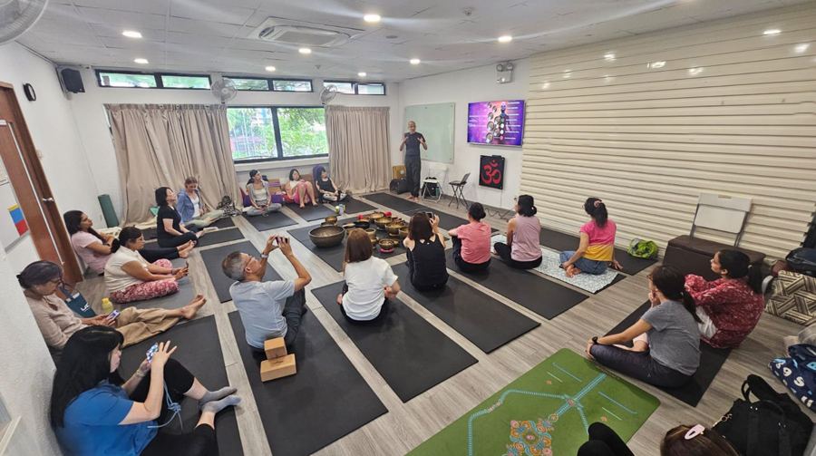 A singing bowl class in the AYA studio