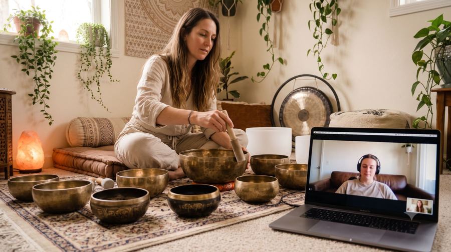 A practitioner playing singing bowls for a client on a video call
